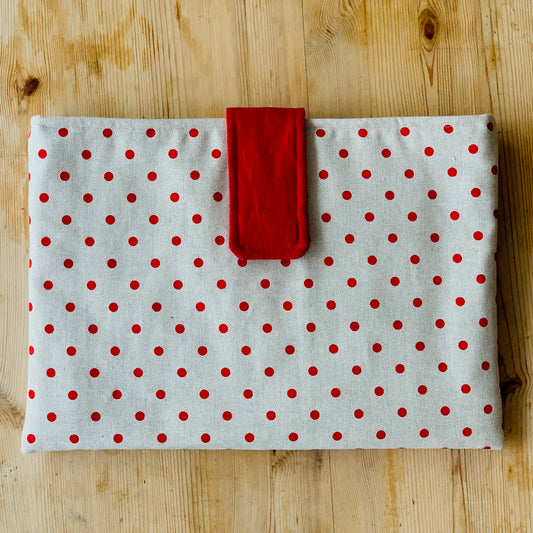 Handmade Laptop Sleeve with soft padding – Red POlka Dot, 100% Linen, Magnetic Closure