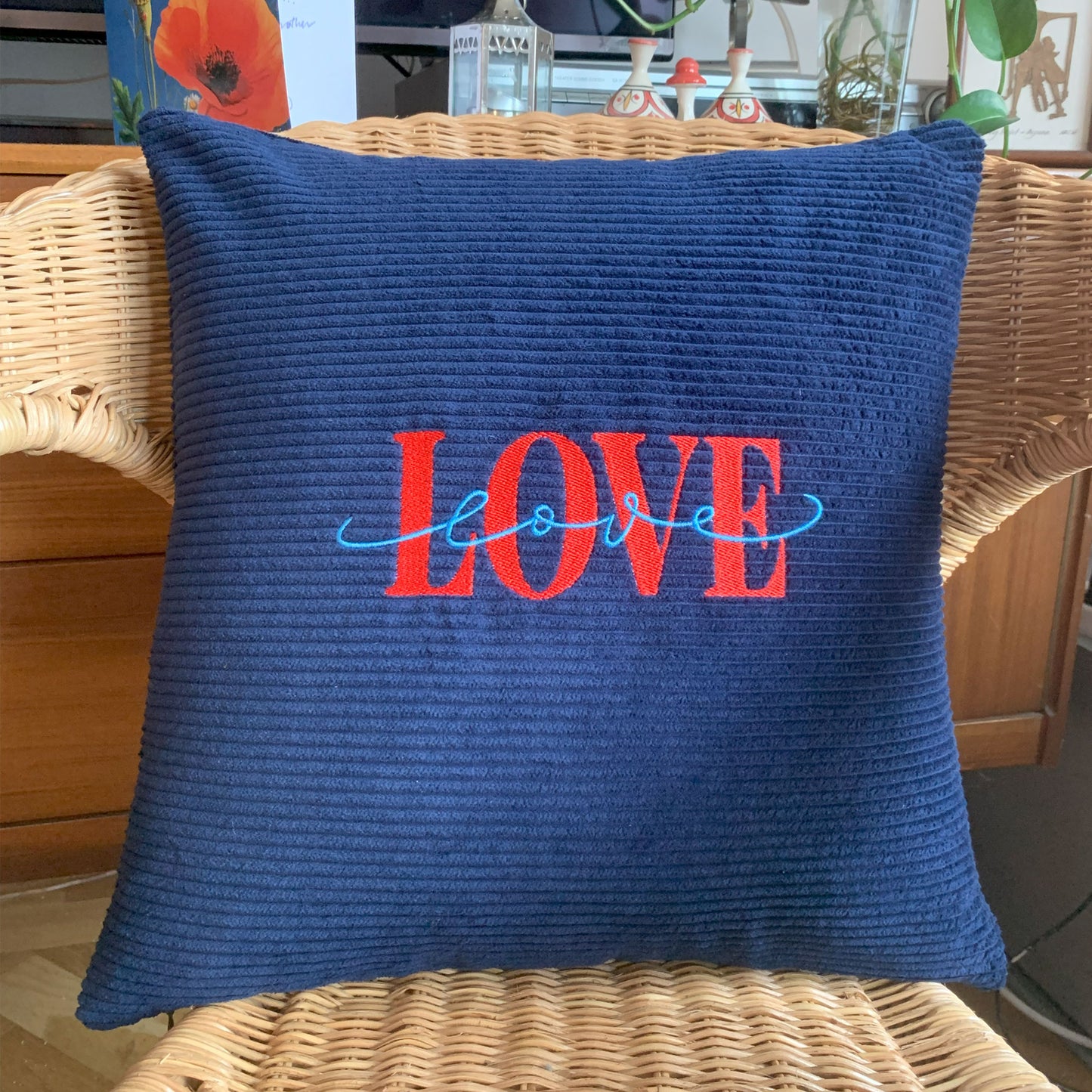 Handmade 100% Cotton Corduroy Cushion Cover-Royal Blue| LOVE Embroidery