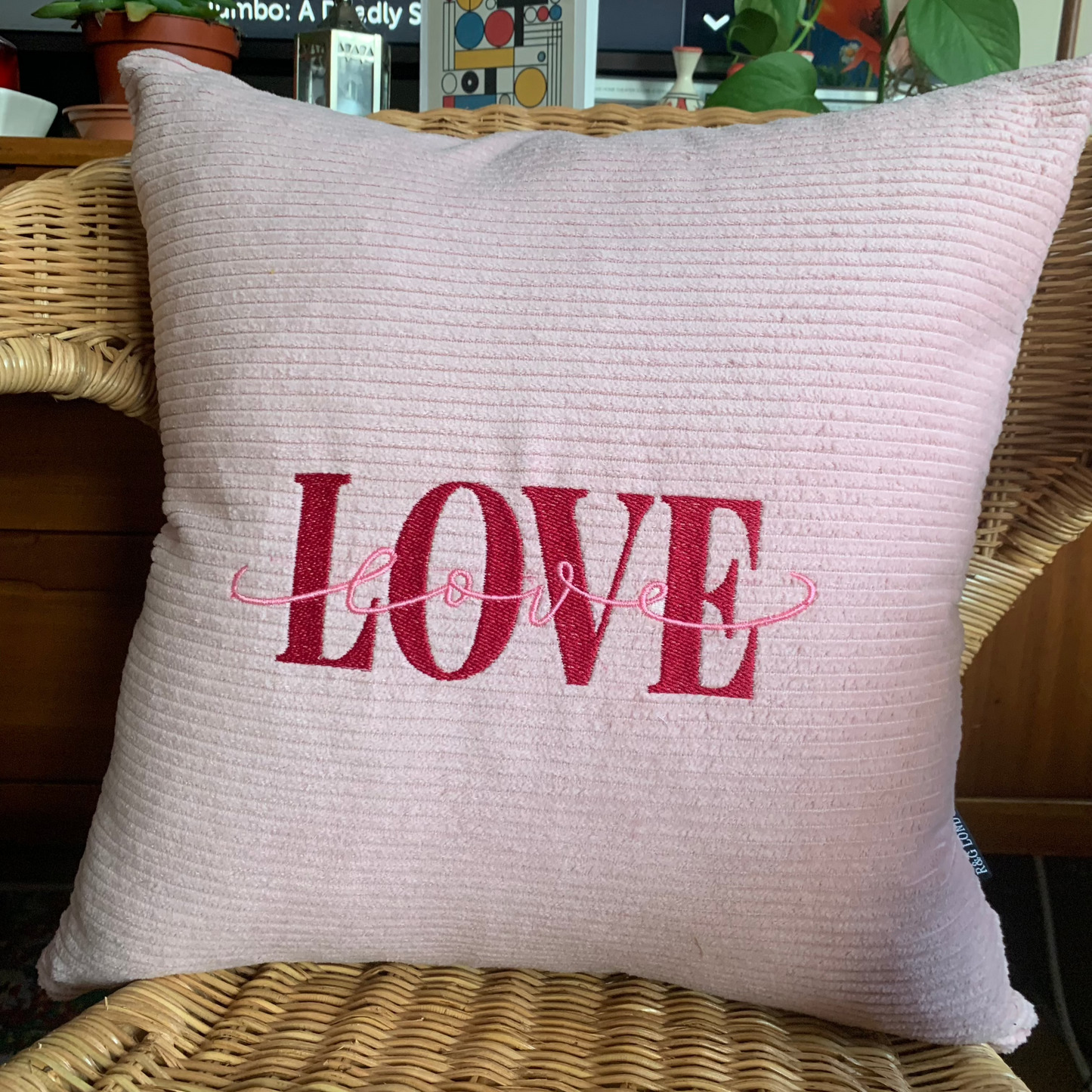 cushion cover with embroidery LOVE dusky pink corduroy