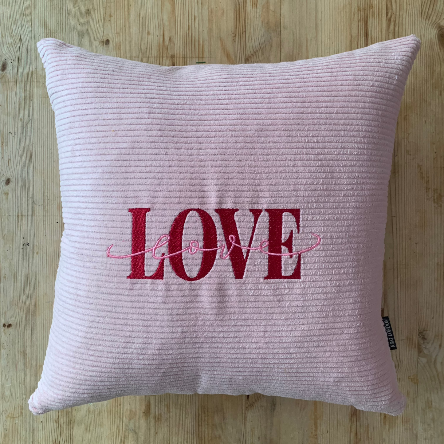 handmade cushion cover with LOVE embroidery - dusky pink