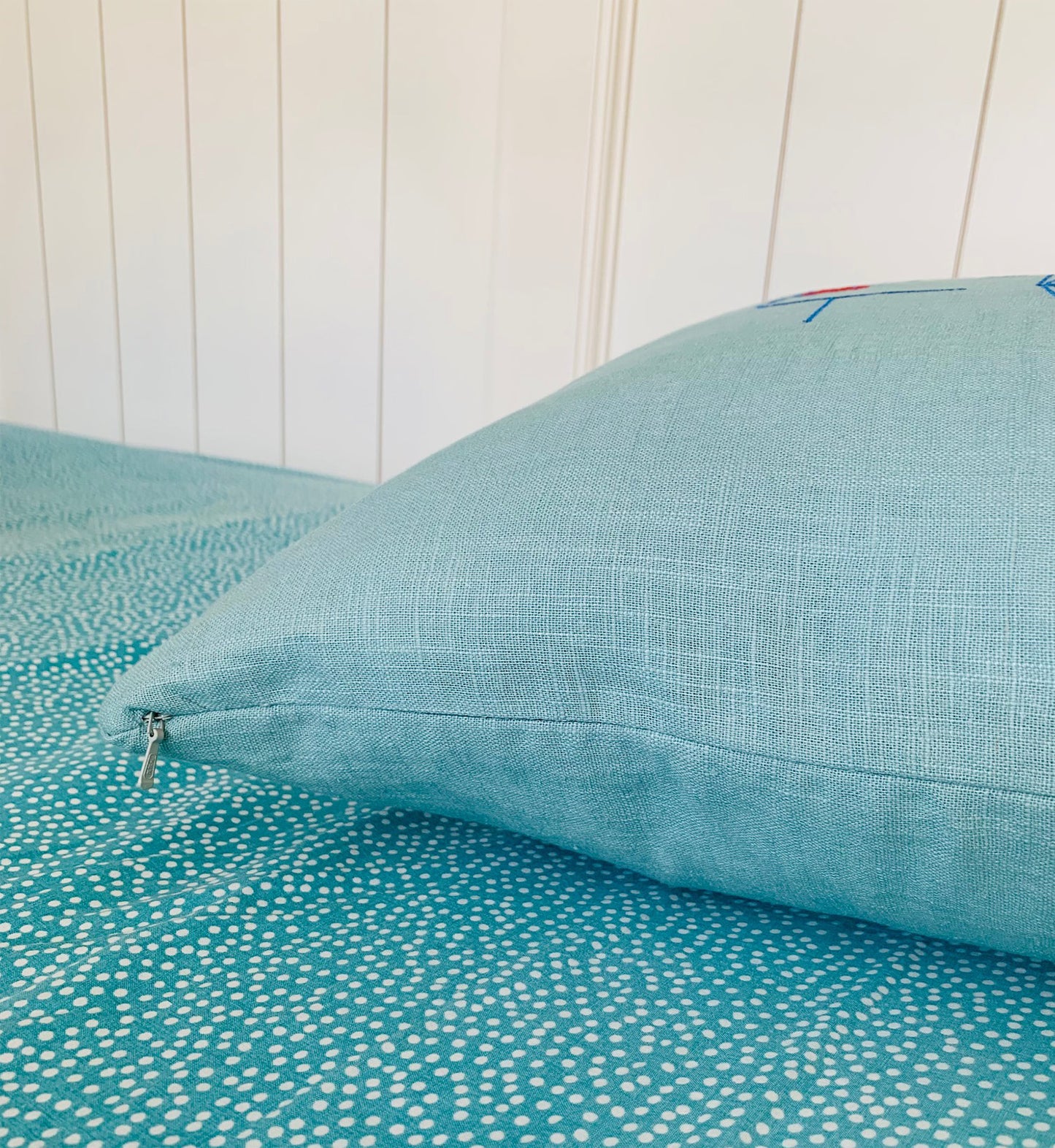 Handmade 100% Linen Cushion Cover - powder blue | Embroidery Minimalist Face Line